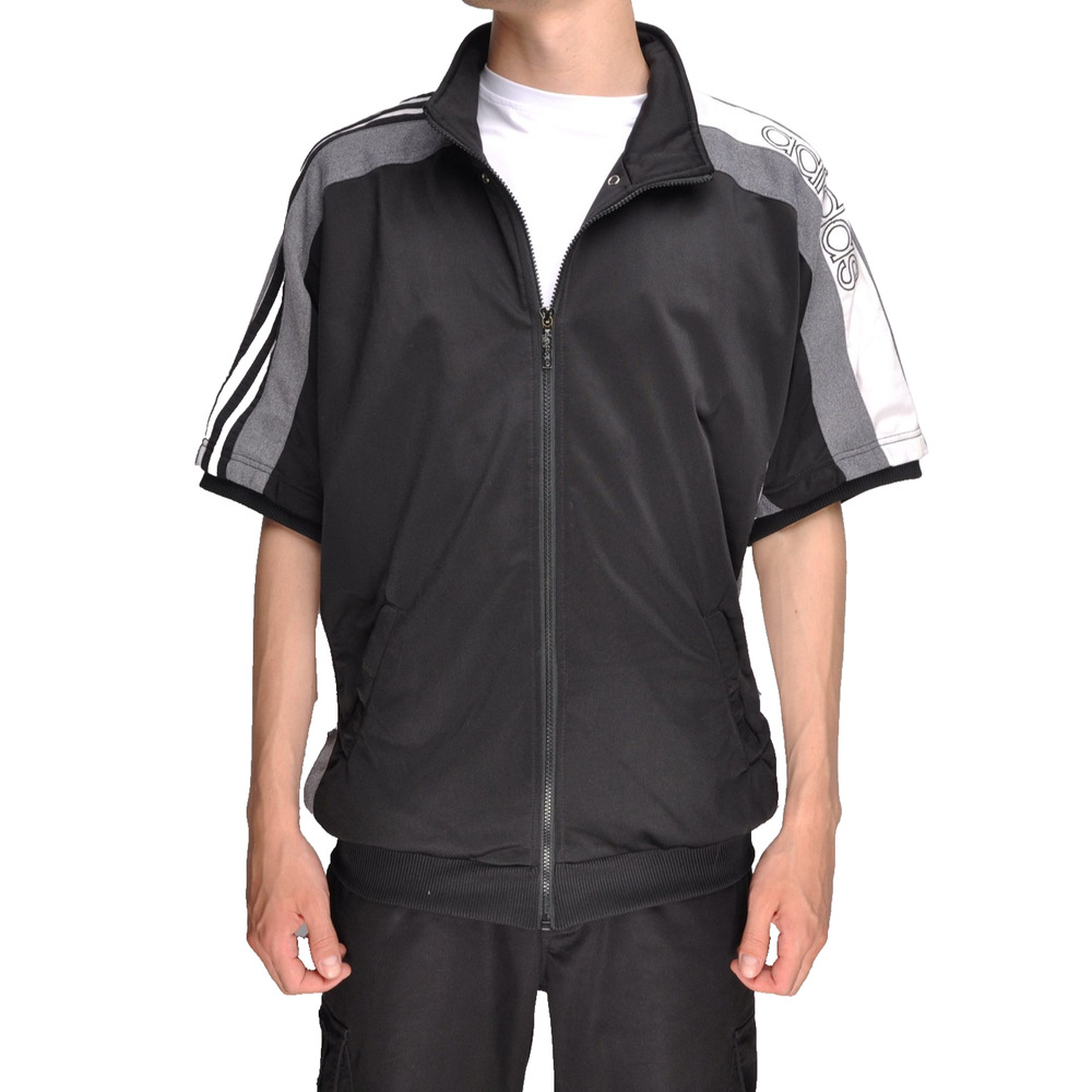 Adidas Track Jacket Vintage Black Gray Zip Up Short Sleeve Striped D7 F186 L